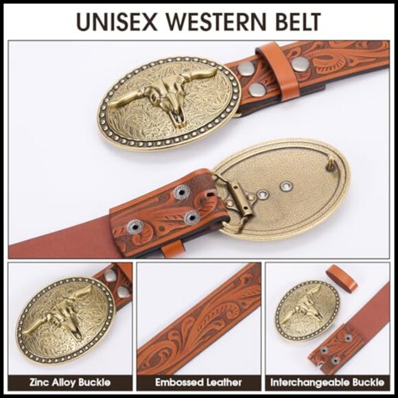 Western Leather Belt with Large Gold Bull Buckle for Jeans main image 6